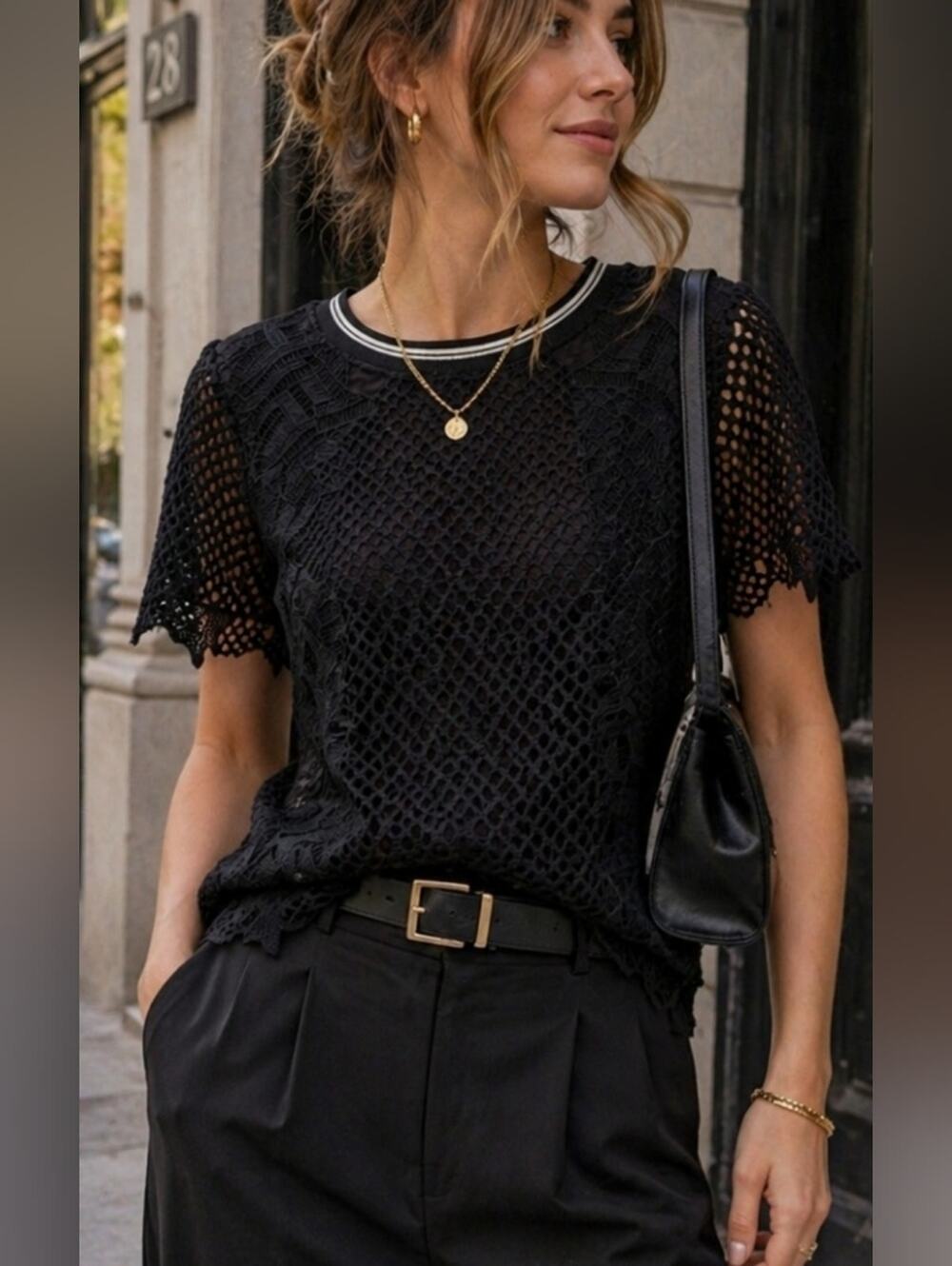 Trouvé Black Mesh & Lace Overlay Tee – Textured Short Sleeve Top